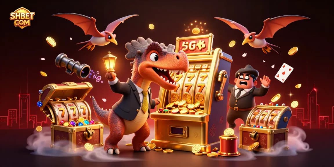 Eye-catching 3D illustration of SHBET COM showcasing a cartoon dinosaur activating a slot machine, with dynamic casino elements.