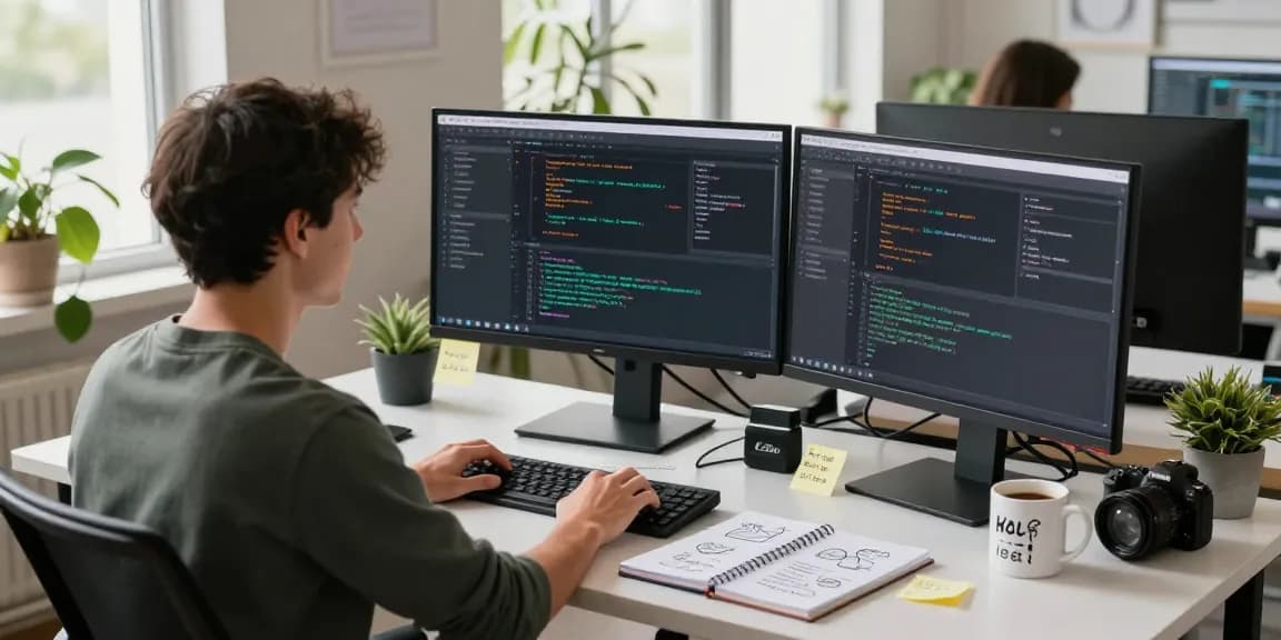 Developer coding the 纸飞机中文版 app in a bright workspace with multiple monitors and tech tools.
