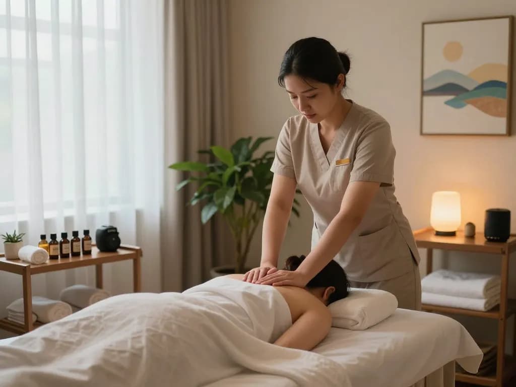 Calming atmosphere of 역삼동마사지 room with professional therapist, essential oils, and soothing decor.