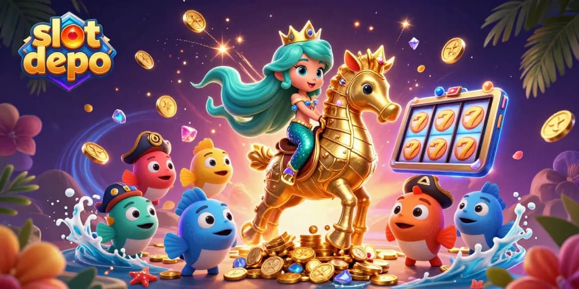 Spin slots and win treasures at slot depo with a treasure-filled undersea adventure featuring 3D mermaid.
