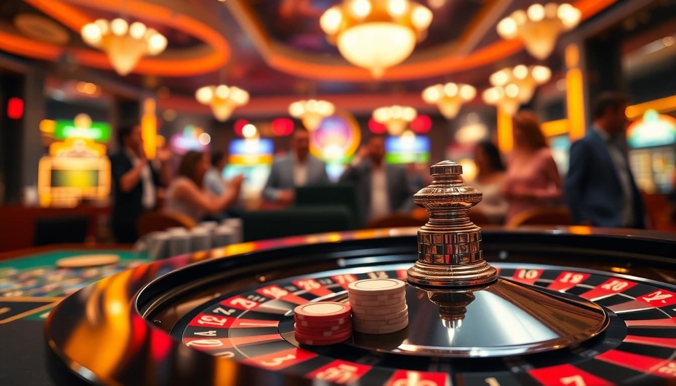 Exciting scene showcasing csgo gambling sites with a roulette wheel and lively casino atmosphere.