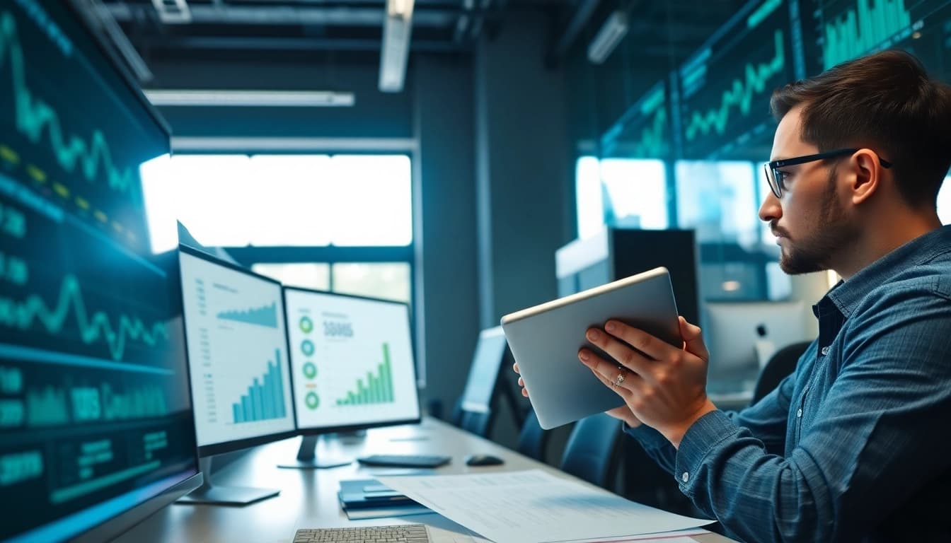 Engineer evaluating das 140 data in a modern office environment filled with technology.