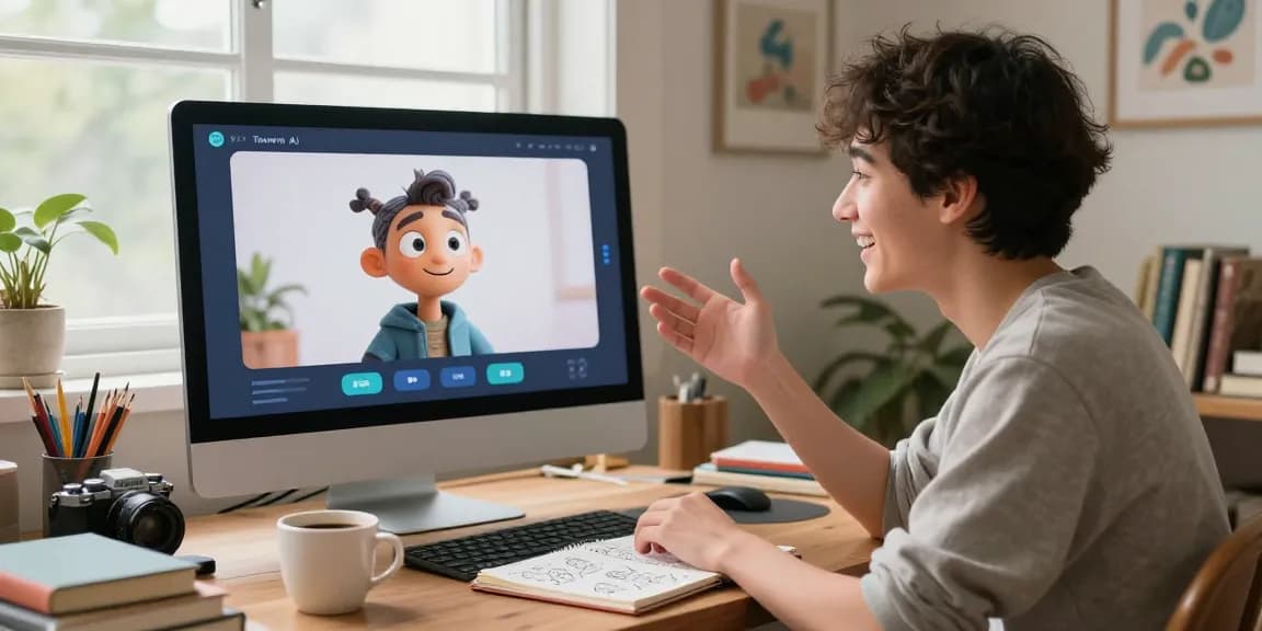 Tavern AI platform showcasing a user engaging in creative storytelling with an animated AI character in a cozy setting.