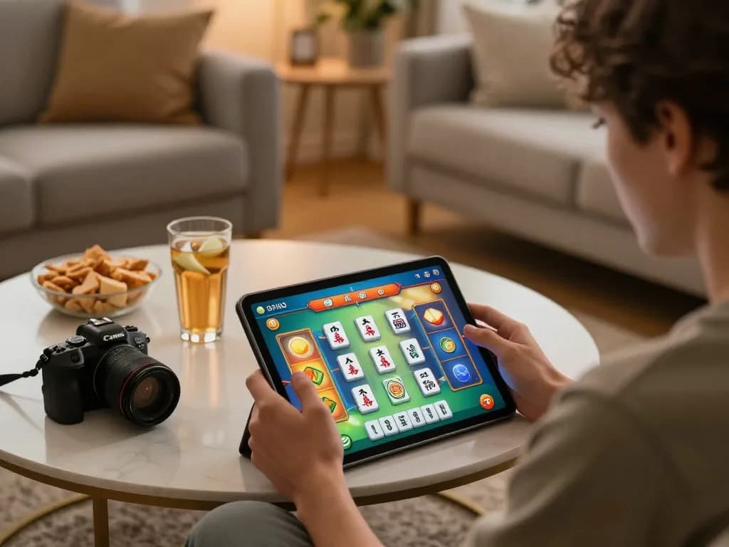 Player engaging in mahjong slot gameplay on a tablet, showcasing strategy and excitement in a cozy setting
