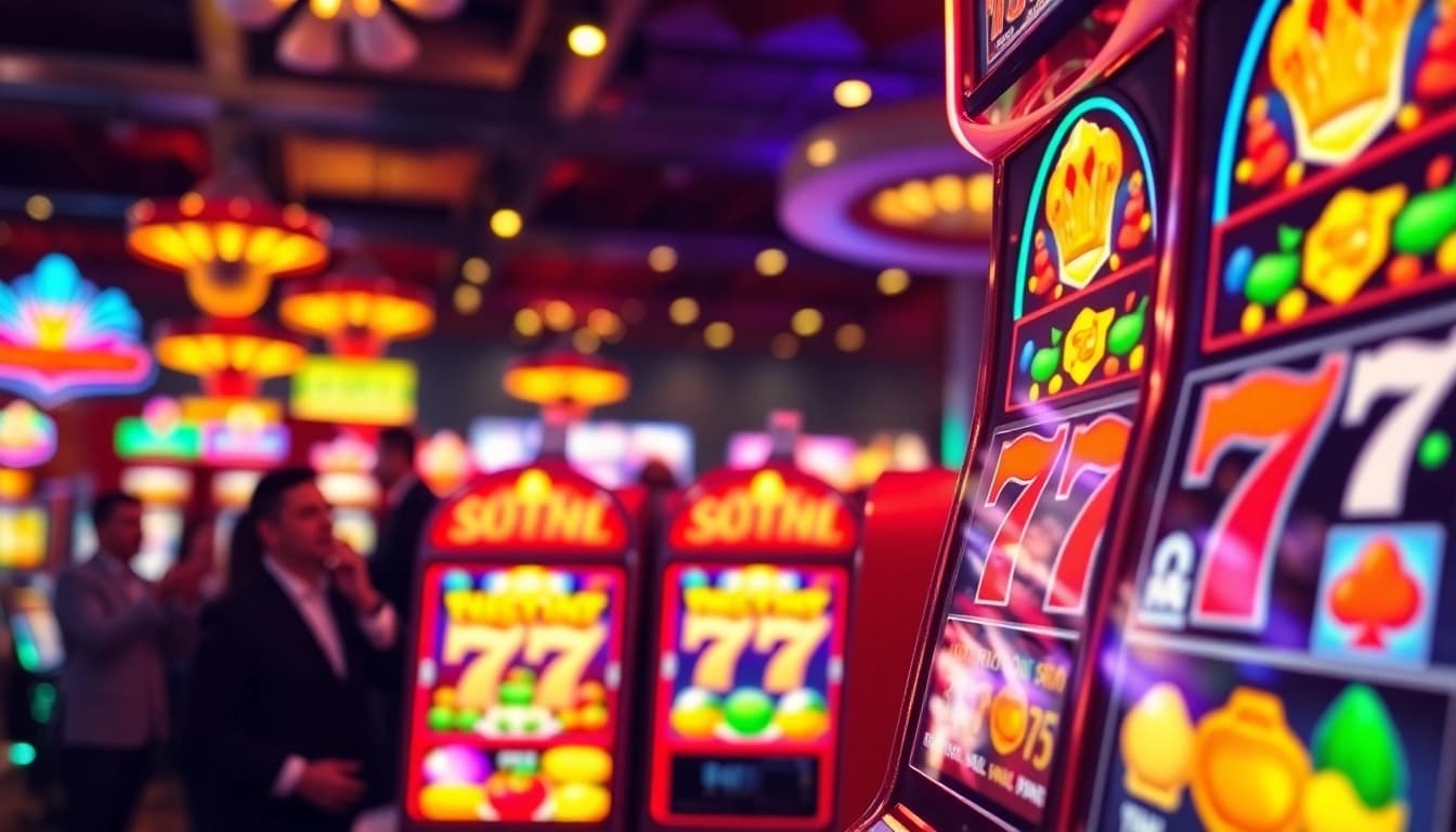 Menang di slot777 dengan slot machines yang penuh warna dan suasana kasino yang meriah.