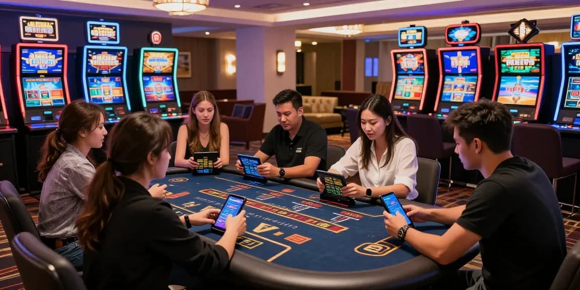 Exciting scene of players using slot deposit pulsa for seamless transactions in a vibrant casino.
