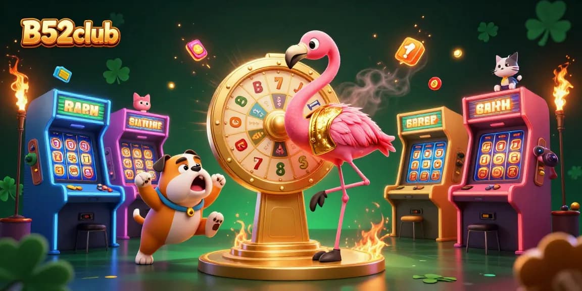 B52club features an exciting 3D scene with a game show host flamingo spinning a prize wheel, enhancing the casino experience.