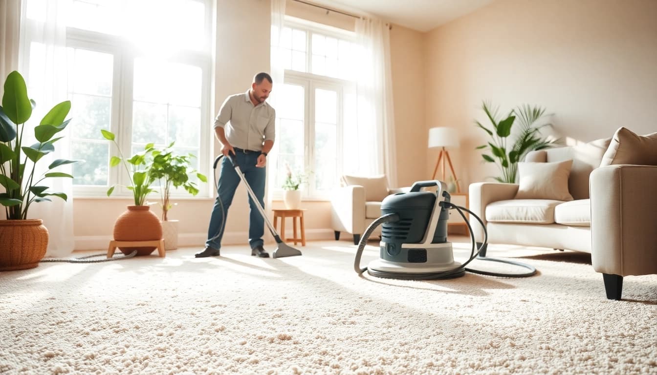 Experience carpet cleaning specials with a technician in a bright living room setting showcasing effective services.