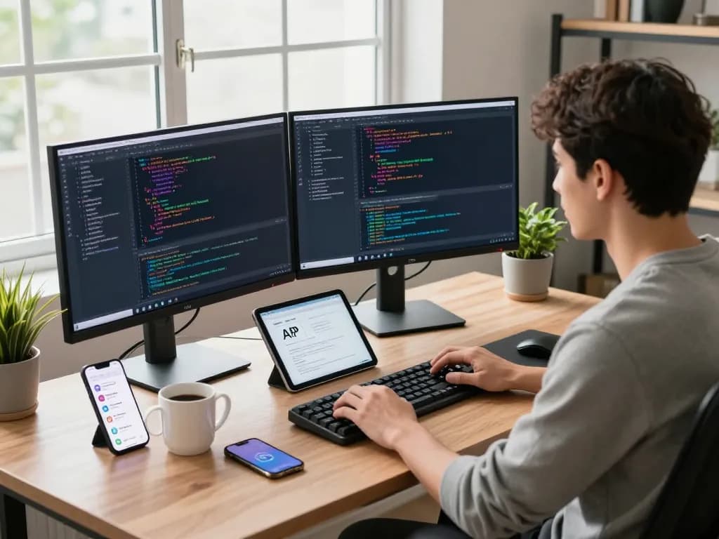 Developer using OpenClaw personal AI assistant in modern workspace with dual monitors and sleek design.