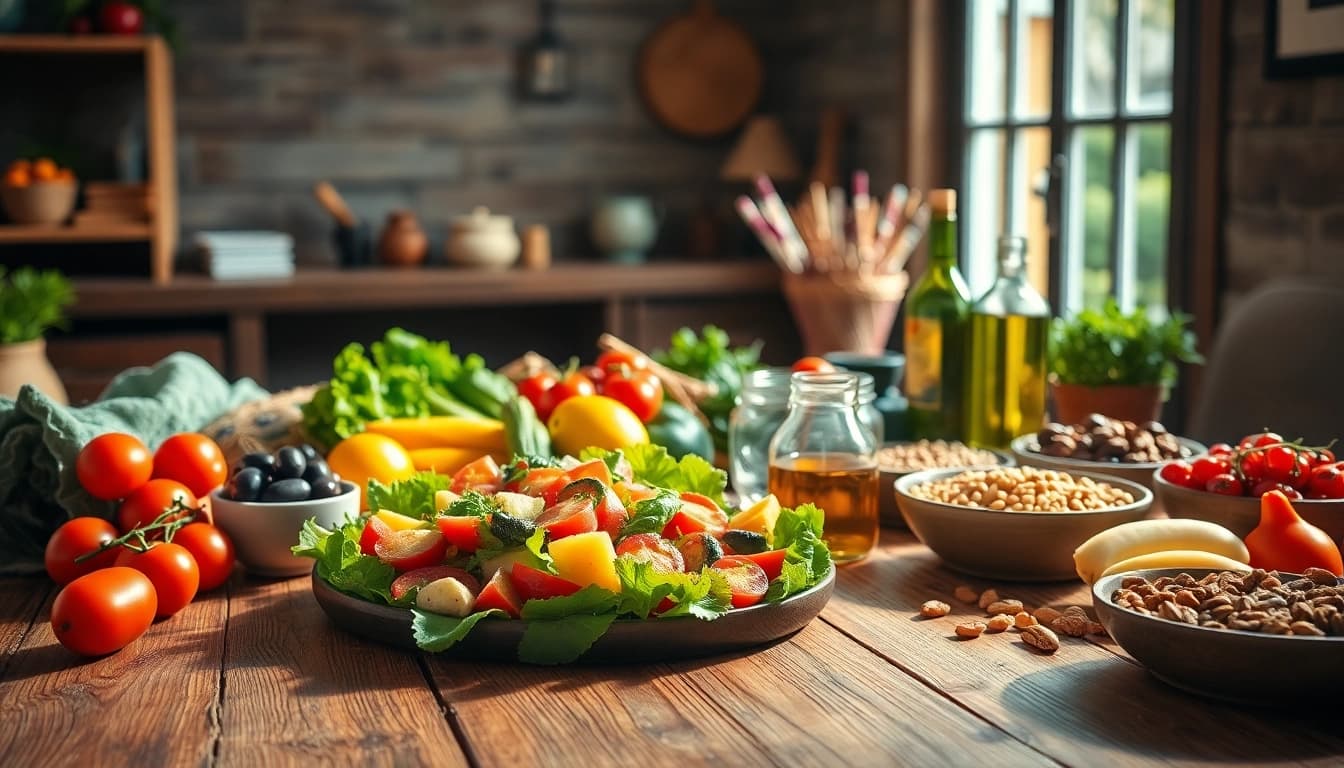 Delicious Mediterranean diet spread showcasing fresh vegetables, fruits, and whole grains for healthy eating.