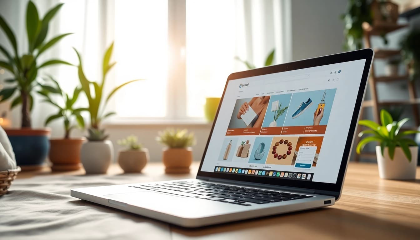 Engaging ecommerce experience showcased on https://buyingst.com laptop in a cozy workspace.
