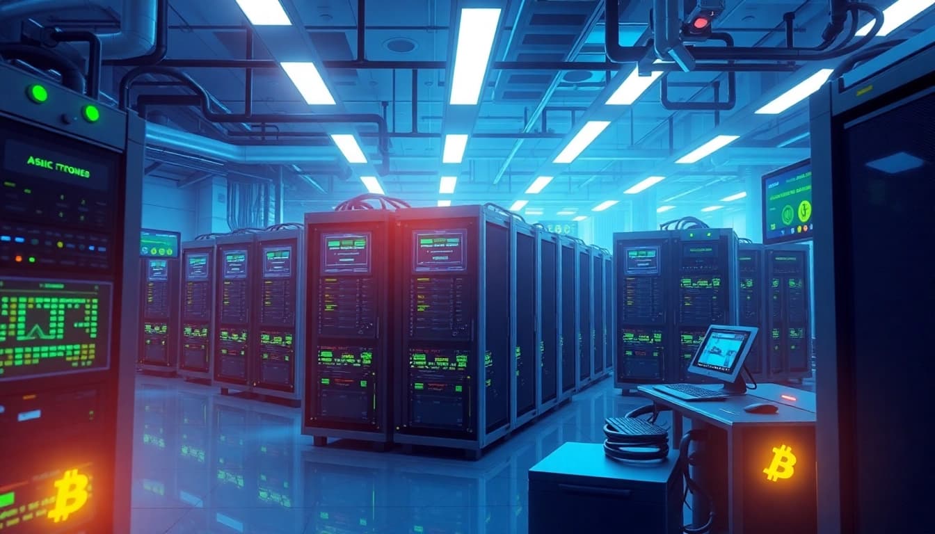 Bitcoin mining facility showcasing advanced ASIC hardware and digital displays in a futuristic setting.