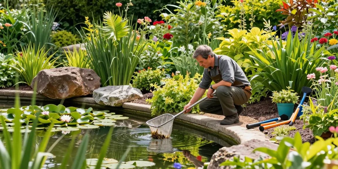Professional Pond Cleaning Surrey service in action with a gardener cleaning a picturesque pond surrounded by greenery.