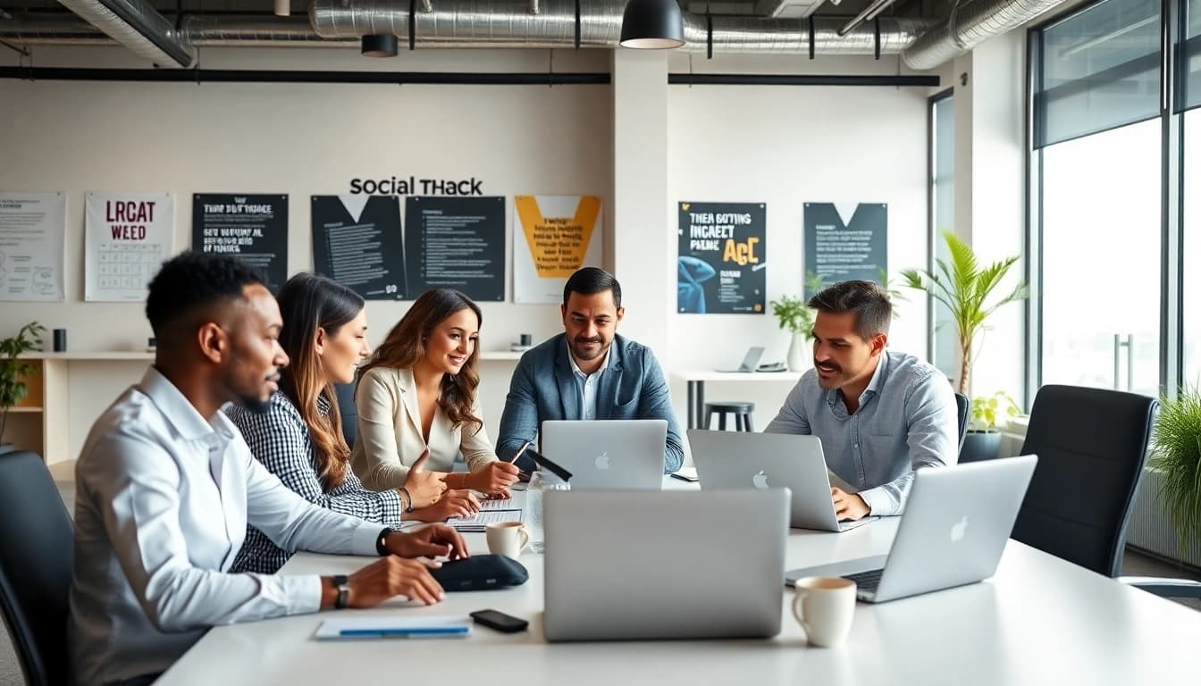 Engaging meeting among social media marketing companies edmonton showcasing teamwork in a modern office.