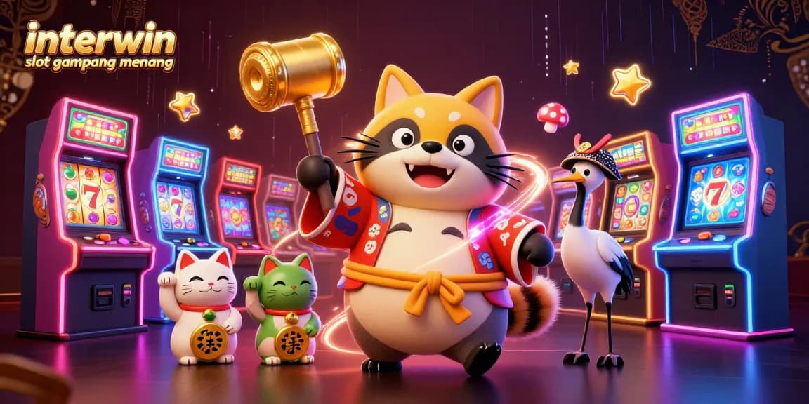 Experience thrilling wins with interwin slot gampang menang in a vibrant casino-themed illustration featuring lucky symbols and characters.