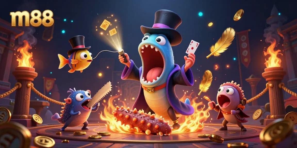 Engage with m88's magical betting experience, featuring vibrant illustrations of card tricks and animated sea creatures.