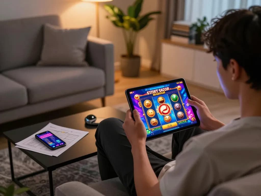 Live gameplay actions on situs slot gacor with vibrant graphics on a tablet, showing exciting slot wins.