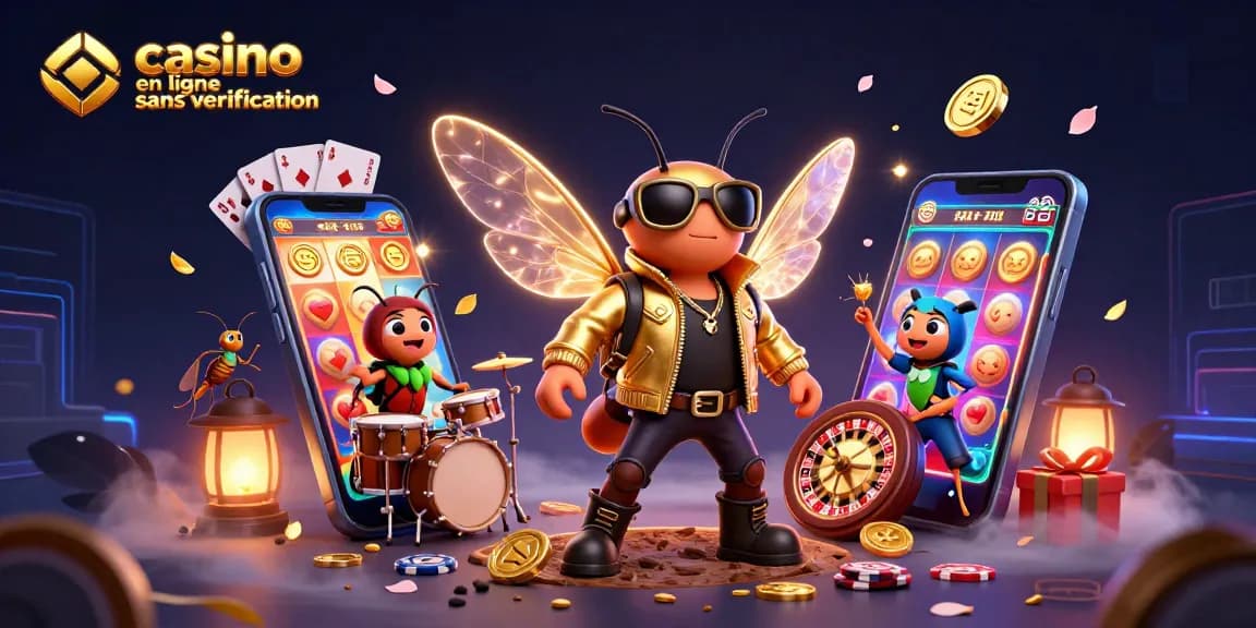 Jouez sur un casino en ligne sans vérification avec une illustration captivante d'une rock star et des éléments de jeux.