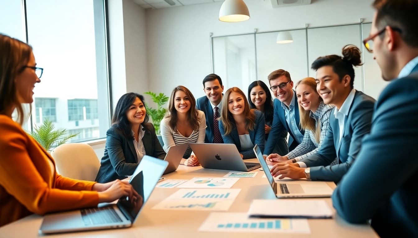 Illustration showing how to build a sales team fast with a diverse group collaborating in an office.