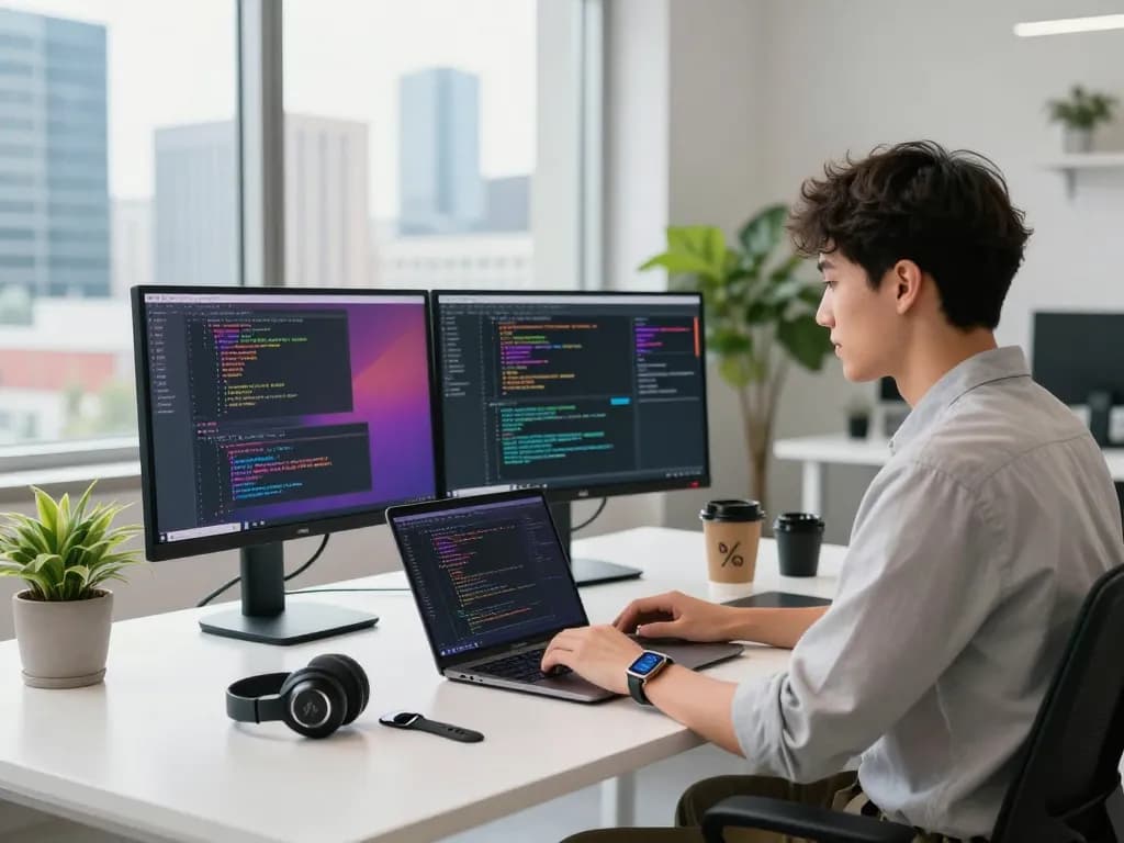 전문 코딩 설정, 노트북, 활기찬 도시 전망이 있는 https://xacarero.co.kr의 기술 작업 공간.