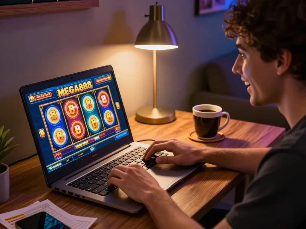 Player enjoying Mega888 slot games with free credit offers at cozy home setup.