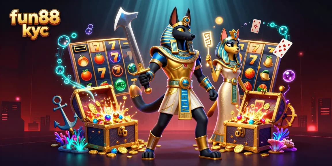 Trải nghiệm cược hấp dẫn tại fun88 kyc với hình ảnh Anubis và các biểu tượng đặc trưng của game slot.