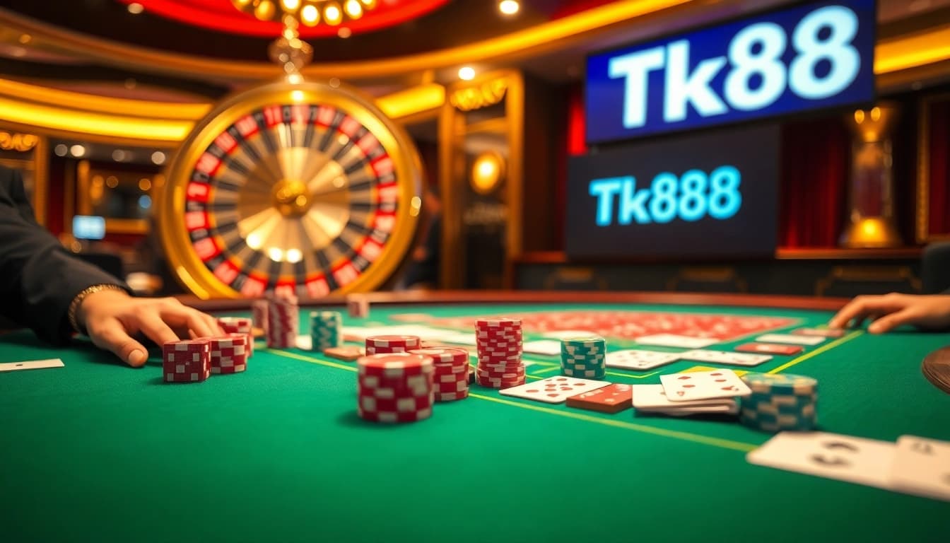 Tk88 gamblers placing bets at a luxurious blackjack table filled with colorful chips and cards.