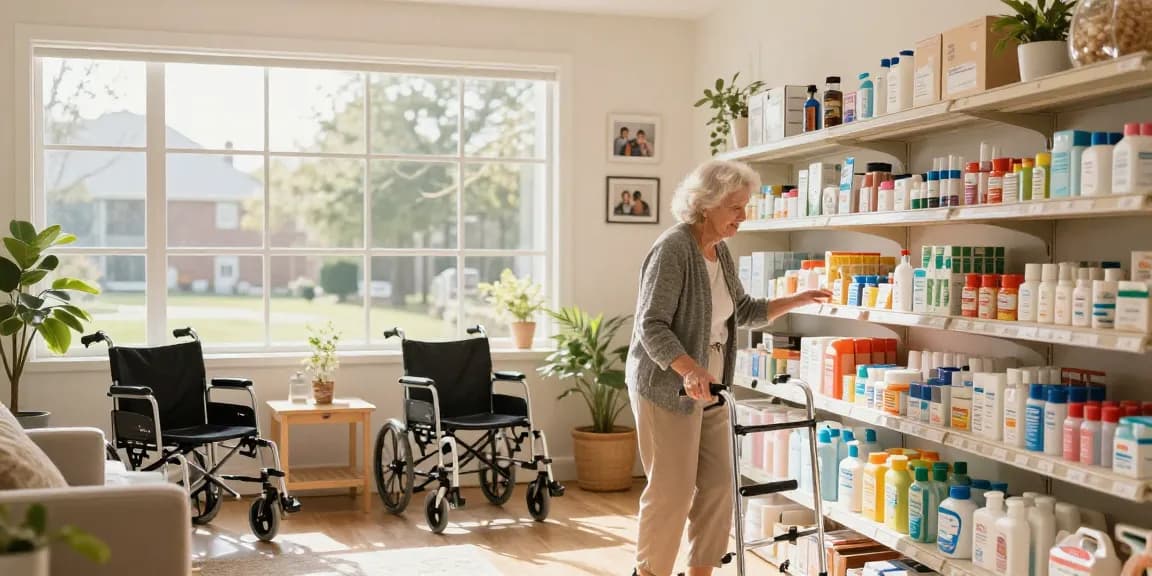Senior exploring essential items at a老人用品店 in a bright, inviting home setting.