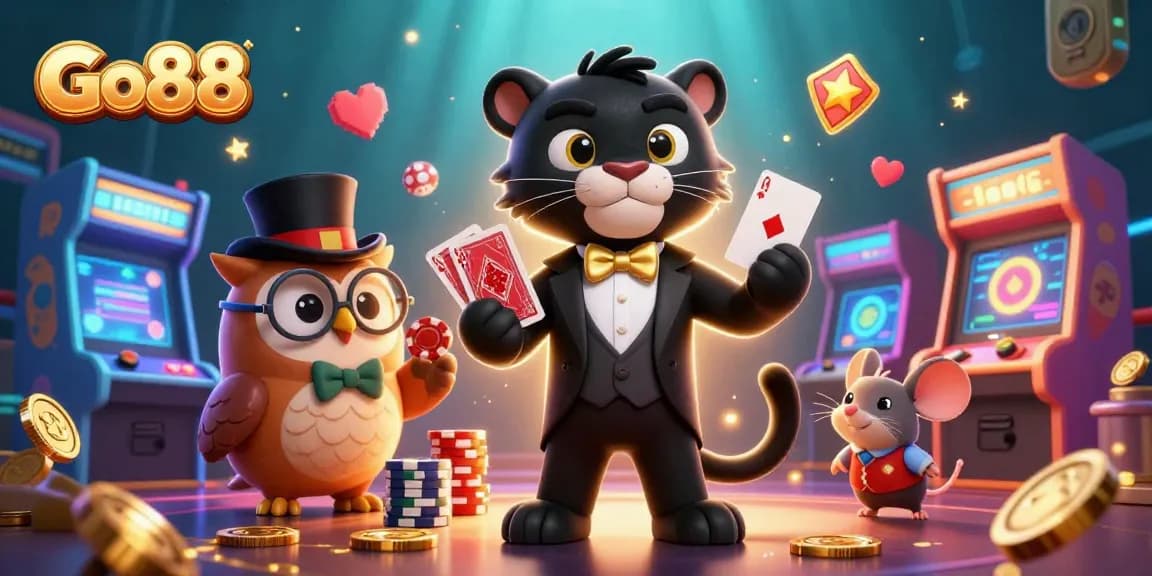 Experience the thrill of Go88 with a stylish panther dealer, charming owl, and lucky mouse in a vibrant casino scene.