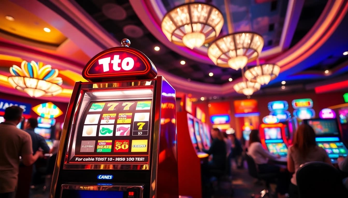 Menangkan jackpot di mesin toto slot yang berkilauan dengan pemain yang antusias.