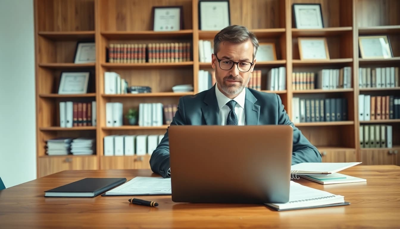 Engaged intellectual property lawyer working diligently in a professional office setting.