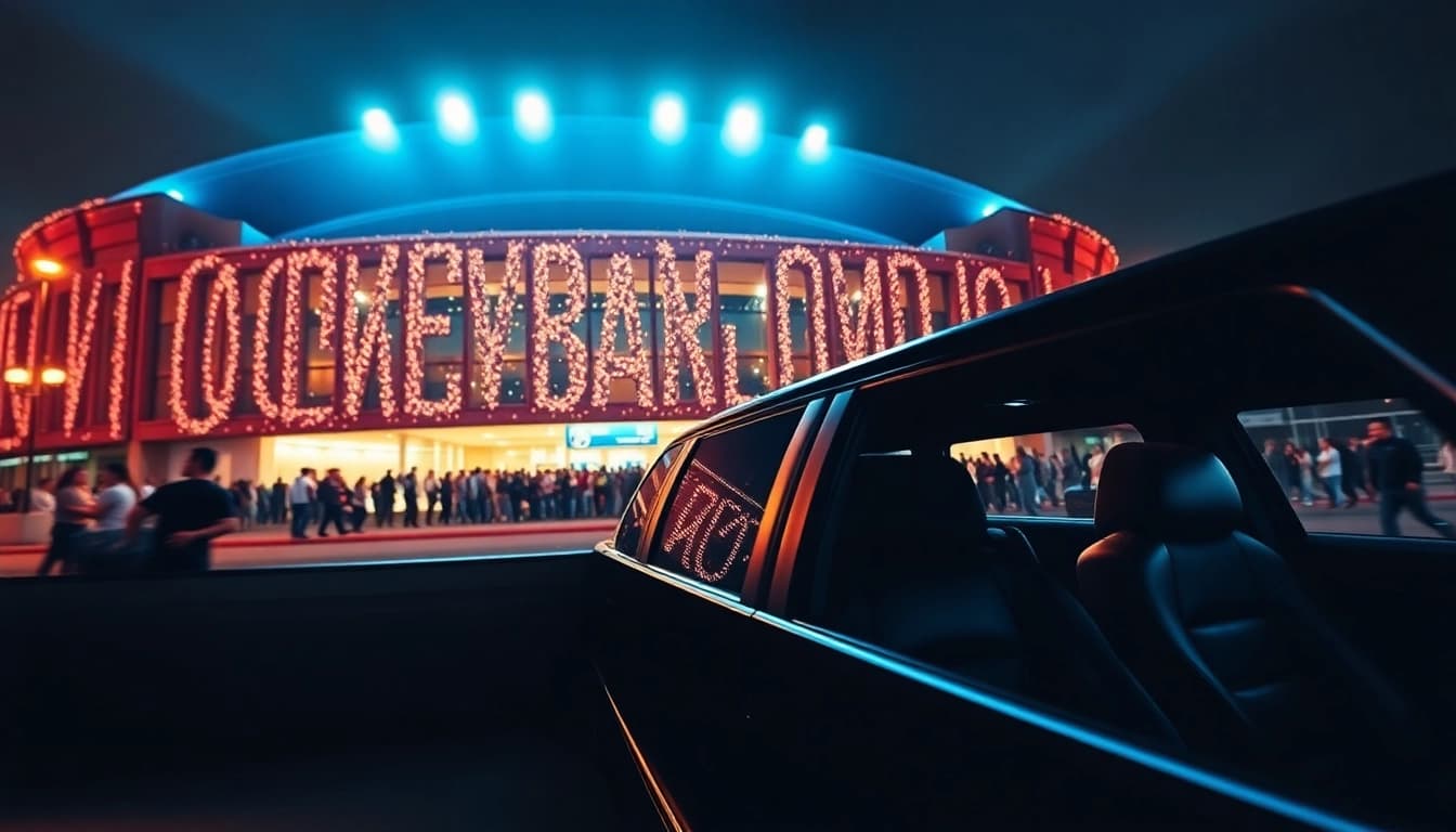 World Cup Group Transportation in a luxury limousine parked at a grand stadium.