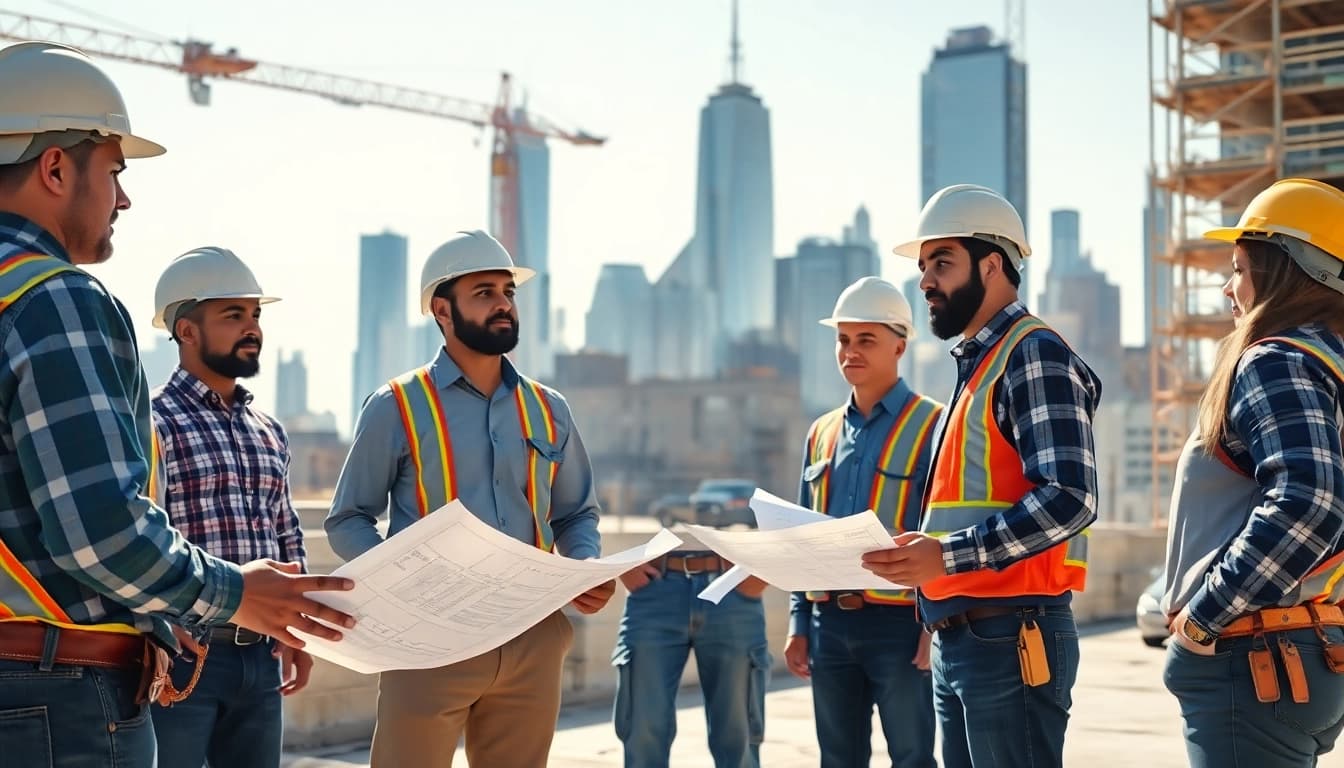 Showcasing a team of New York City Commercial General Contractor professionals collaborating at a construction site.