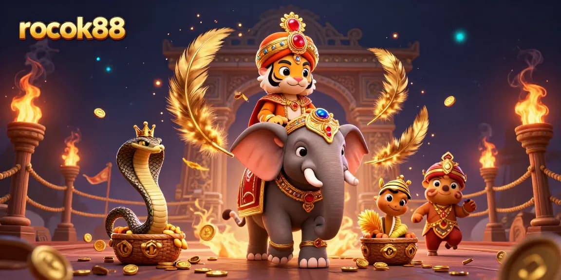 Experience rokok88's thrilling gaming atmosphere with vibrant characters, coins, and a rich backdrop.