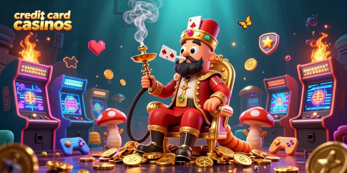 Engage with credit card casinos featuring a fantastical caterpillar in a Sultan outfit amidst vibrant gaming elements.