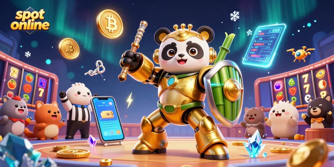 Mainkan slot online dengan gaya, ilustrasi 3D panda emas dalam robot bertarung dikelilingi simbol kemenangan.