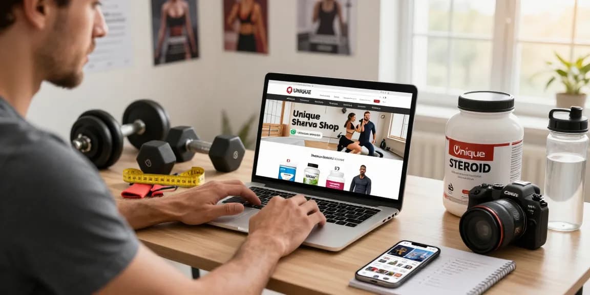 Shop at Unique Pharma Steroid Shop with fitness equipment and motivational elements.