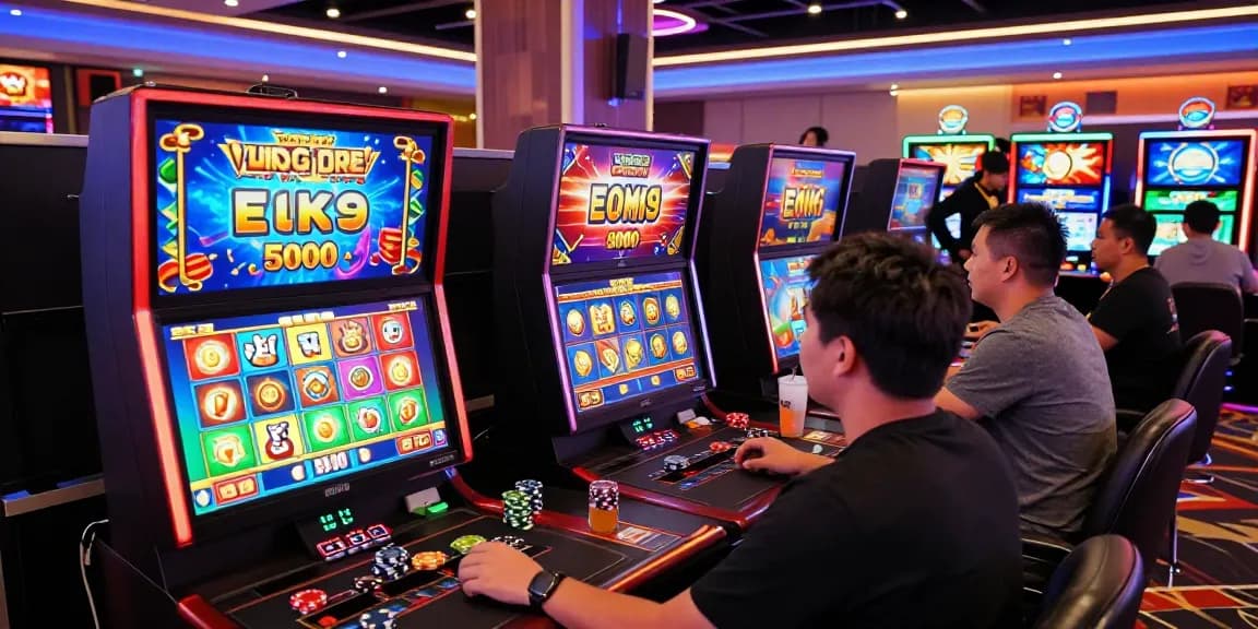 Engaged players at vibrant digital casino enjoying slot depo 5000 games with colorful graphics and dynamic atmosphere.