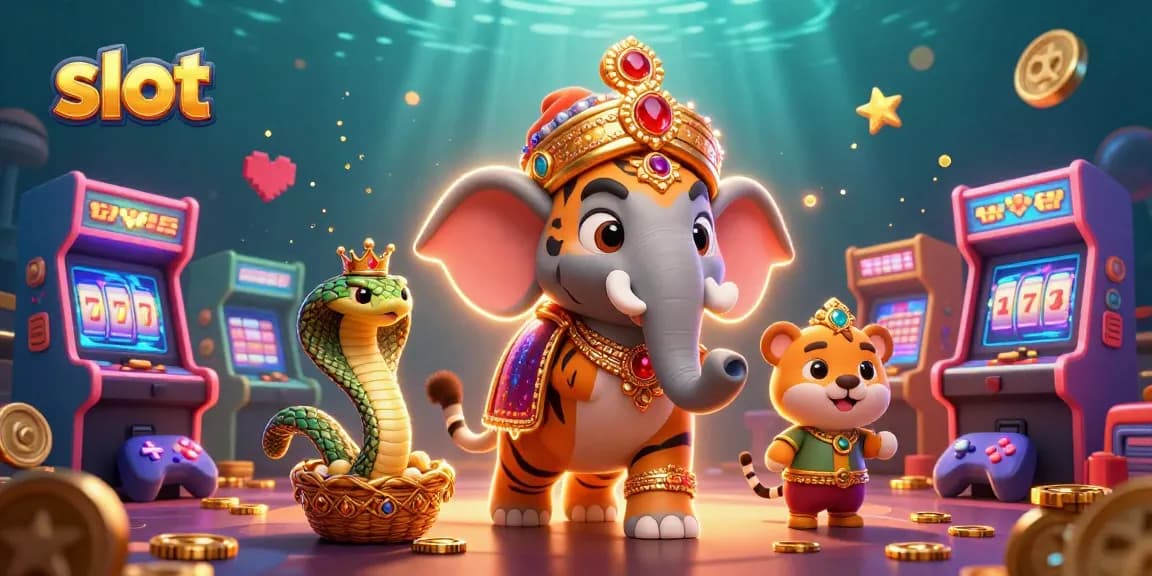 Spin the slot reels with an animated maharaja, elephant, and cobra in a vibrant casino scene.