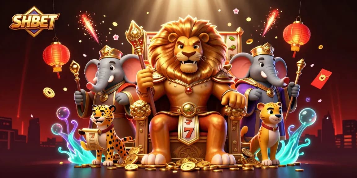 Experience the excitement of SHBET with a vivid casino illustration of a lion king and dynamic game elements.