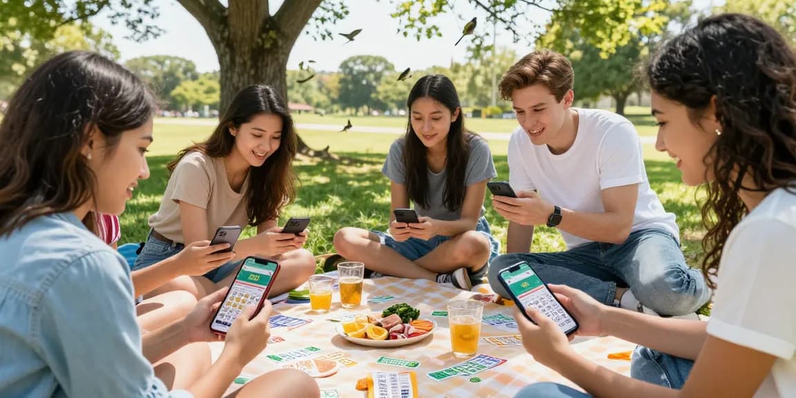 Teman-teman bersantai di taman sambil bermain diana4d, membahas strategi dan menunjukkan tampilan aplikasi pengguna yang ramah.