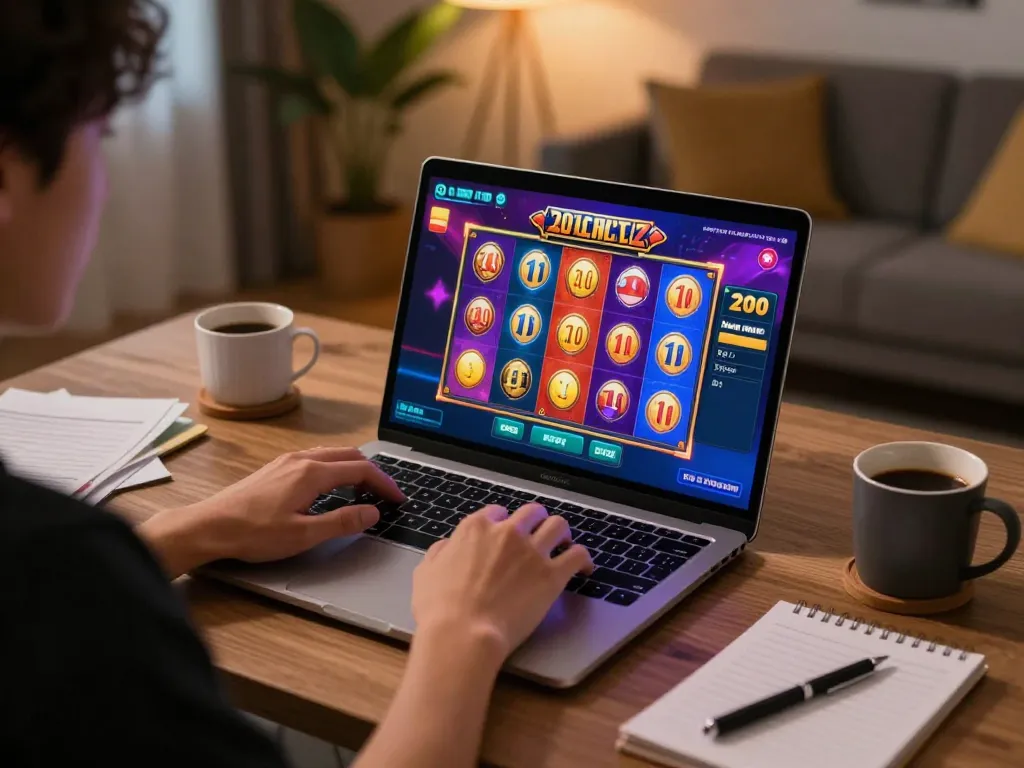 Engaging in a slot bet 200 perak while enjoying an online casino experience, cozy office ambiance.
