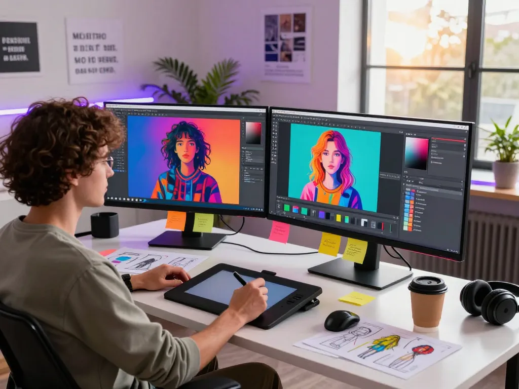 Artist using Nano Banana Pro AI image editor in a vibrant studio setting