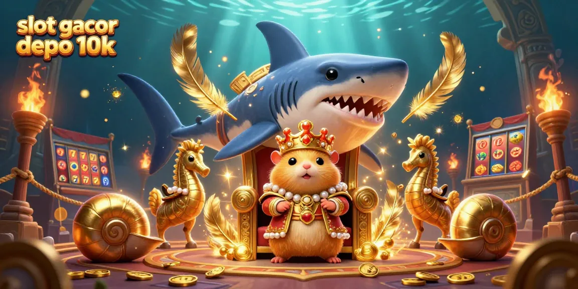Slot gacor depo 10k: Raja hamster emas di tahta gigi hiu megadolon dengan simbol permainan slot yang menggairahkan.