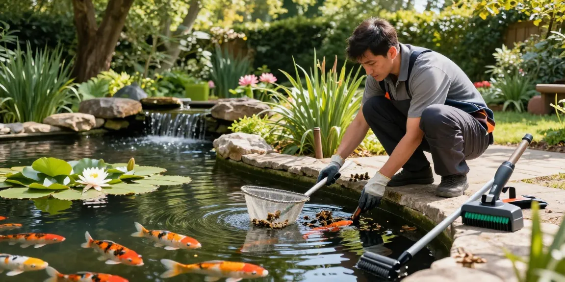 Pond Cleaning Surrey expert removing debris from tranquil garden pond.