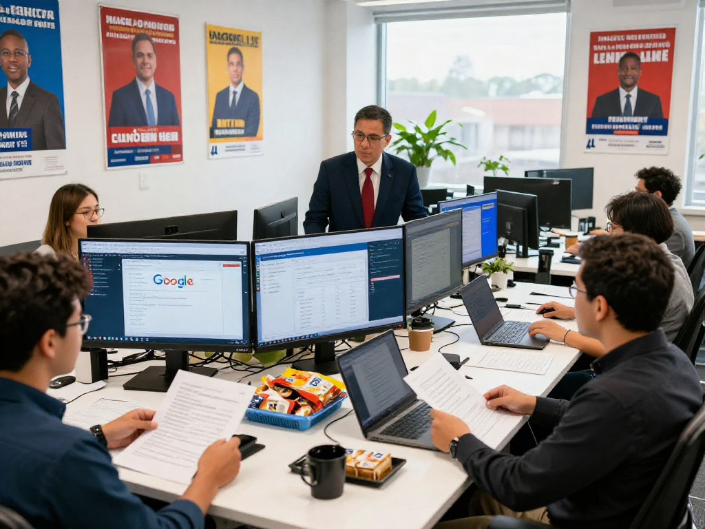 Political google ads strategy session in a dynamic campaign office with a focused team analyzing data and analytics.