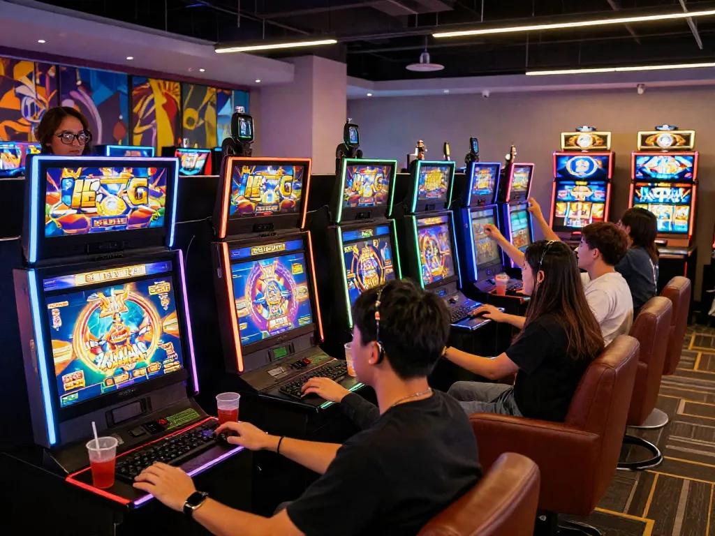Exciting scene of players enjoying slot games in a modern gaming lounge.