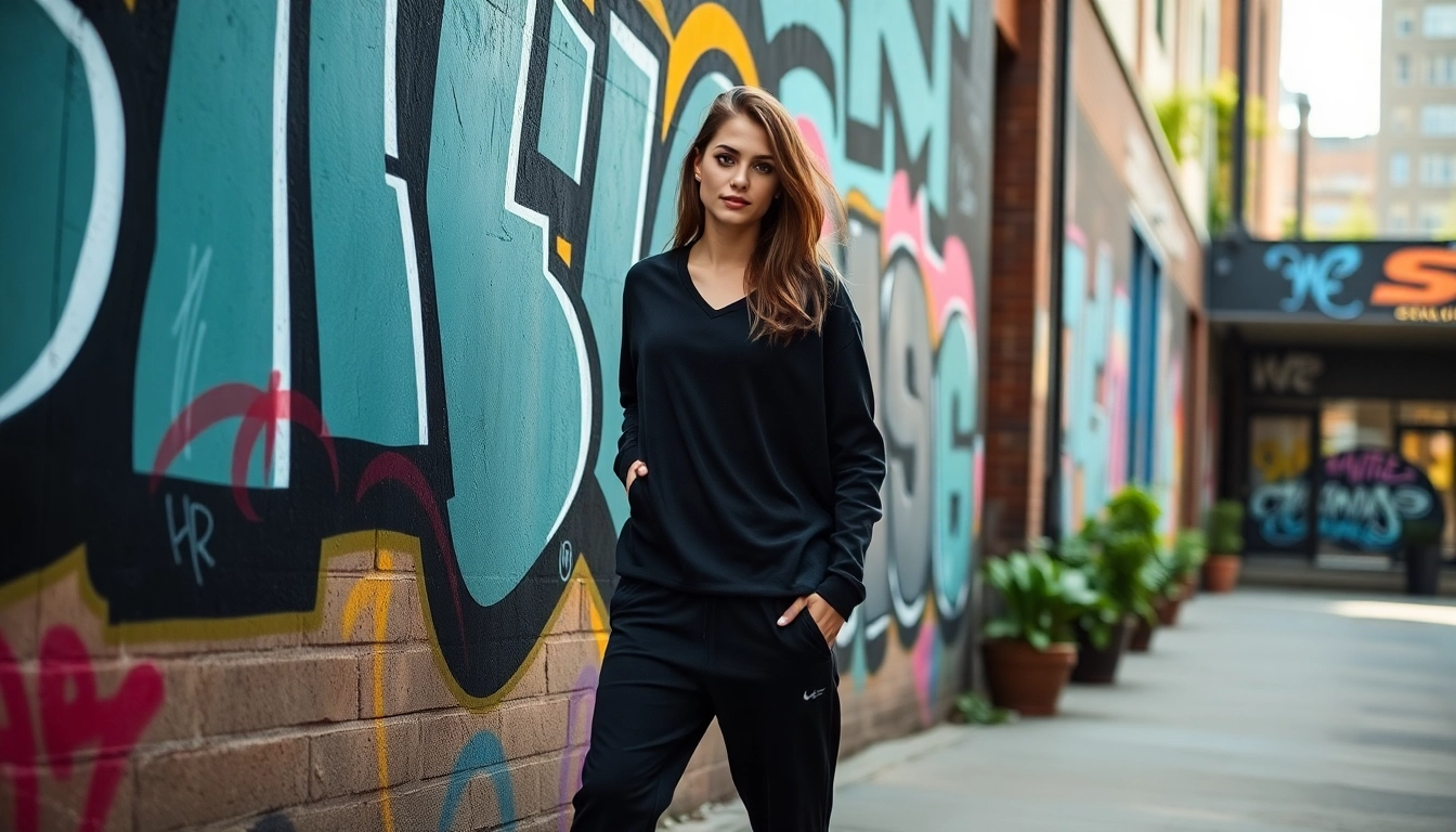 Showcasing black sweatpants worn casually in an urban environment, highlighting style and comfort.
