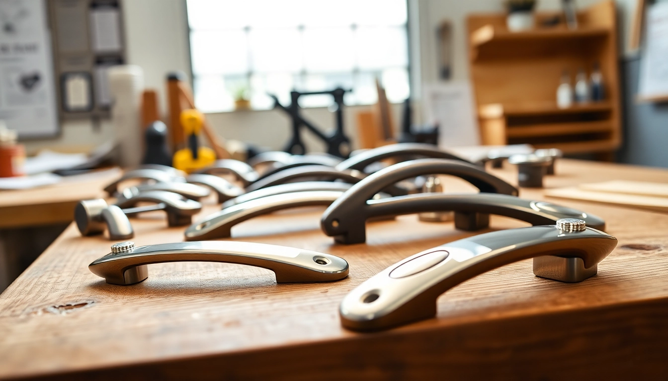 Various sleek handles crafted by a skilled Handle Manufacturer, showcasing innovative design and quality in a workshop.