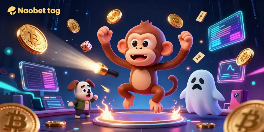 Experience a thrilling chase in a haunted casino with the Naobet tag playful characters and crypto elements.